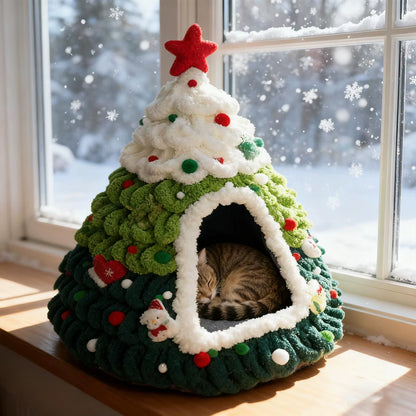 Christmas Cat House Tree Design Knit Warm Nest Cat Christmas Tree for Kitten Small Pet Indoor Outdoor Home Winter Sleeping